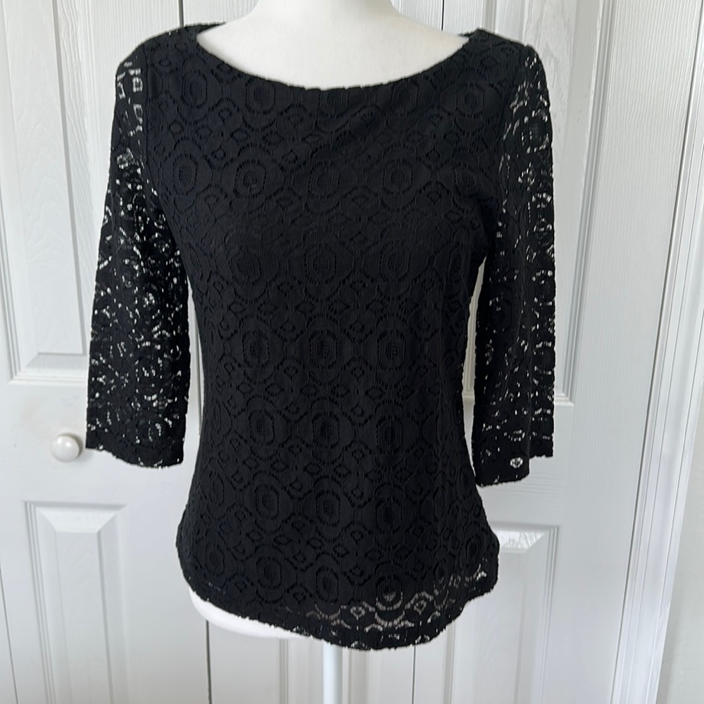 Banana Republic black lace layered, 3/4 sleeve top, zippered side, Size 6